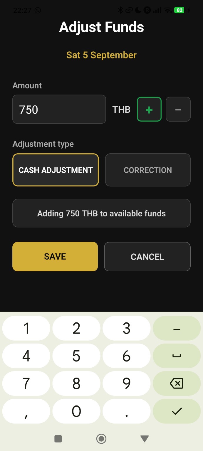 Budget Saver adjust funds screen